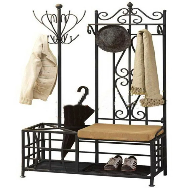 European iron foyer coat rack hanging hanger stool for changing shoes stool storage umbrella rack
European iron foyer coat rack hanging hanger stool for changing shoes stool storage umbrella rack