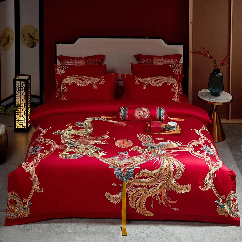 1400TC Egyptian Cotton Luxury Red Chinese Wedding Bedding Set Gold Dragon Phoenix Embroidery Duvet Cover Bed Sheet Pillowcases
1400TC Egyptian Cotton Luxury Red Chinese Wedding Bedding Set Gold Dragon Phoenix Embroidery Duvet Cover Bed Sheet Pillowcases