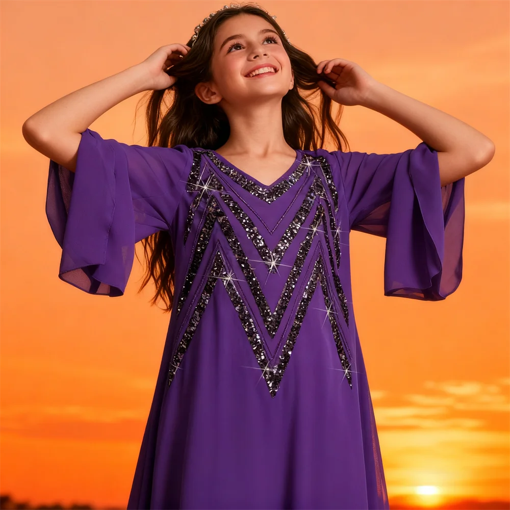 Детское шифоновое длинное платье для девочек с блестками, Абая, Дубай, кафтан с расклешенными рукавами, арабский марокканский кафтан, Vestidos, платье Джалабия, кафтан
Детское шифоновое длинное платье для девочек с блестками, Абая, Дубай, кафтан с расклешенными рукавами, арабский марокканский кафтан, Vestidos, платье Джалабия, кафтан