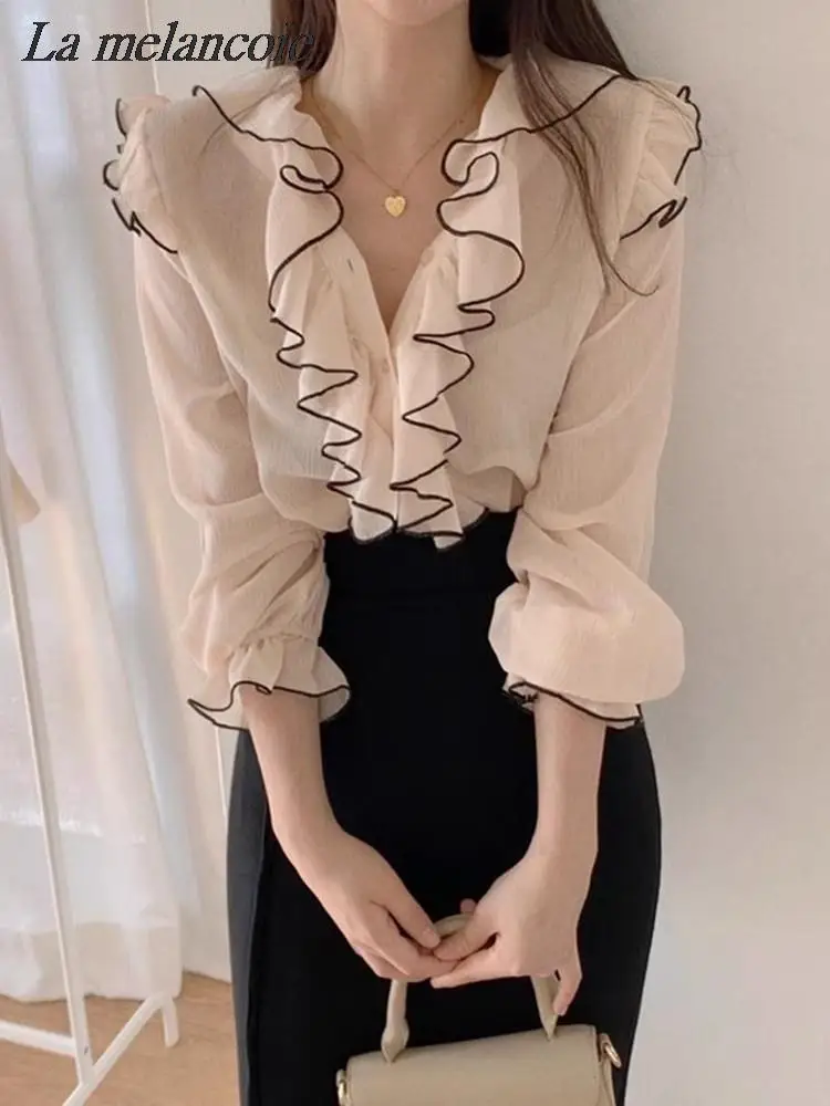 Splicing Ruffle Blouse Women Fashion Korean Elegant Chic Slightly Transparent Shirt Spring Summer 2024 Single-breasted LooseTops
Splicing Ruffle Blouse Women Fashion Korean Elegant Chic Slightly Transparent Shirt Spring Summer 2024 Single-breasted LooseTops