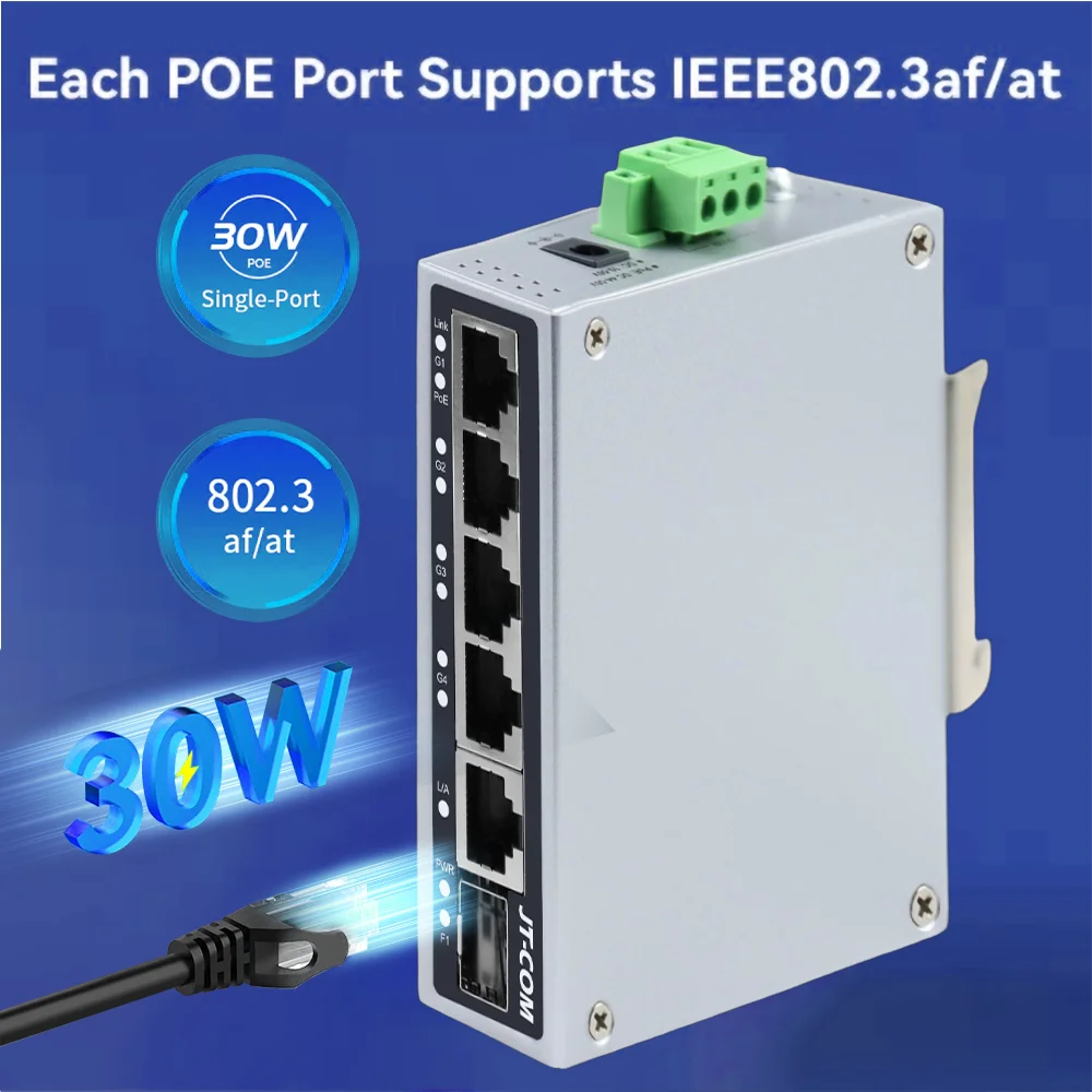 JT-COM 1.25GbE Smart Industrial PoE Switch 1*Gigabit SFP Port +1*1000M RJ45 Port +4*1000M POE RJ45 Ports for IP Camera/NVR
JT-COM 1.25GbE Smart Industrial PoE Switch 1*Gigabit SFP Port +1*1000M RJ45 Port +4*1000M POE RJ45 Ports for IP Camera/NVR