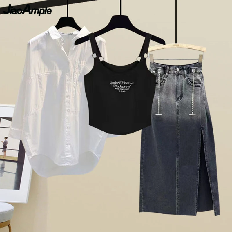 2024 Spring Summer White Shirts Letter Slim Crop Tops Denim Skirts 1 or 3 Piece Set New Fashion Sling Blouse Half Skirt Outfits
2024 Spring Summer White Shirts Letter Slim Crop Tops Denim Skirts 1 or 3 Piece Set New Fashion Sling Blouse Half Skirt Outfits