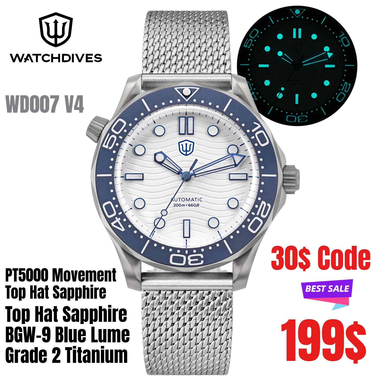 Watchdives WD007 V4 PT5000 Automatic Dive Watch 42mm Titanium Case Sapphire Crystal 120-Click Bezel Helium Valve C3/BGW9 Lume
Watchdives WD007 V4 PT5000 Automatic Dive Watch 42mm Titanium Case Sapphire Crystal 120-Click Bezel Helium Valve C3/BGW9 Lume
