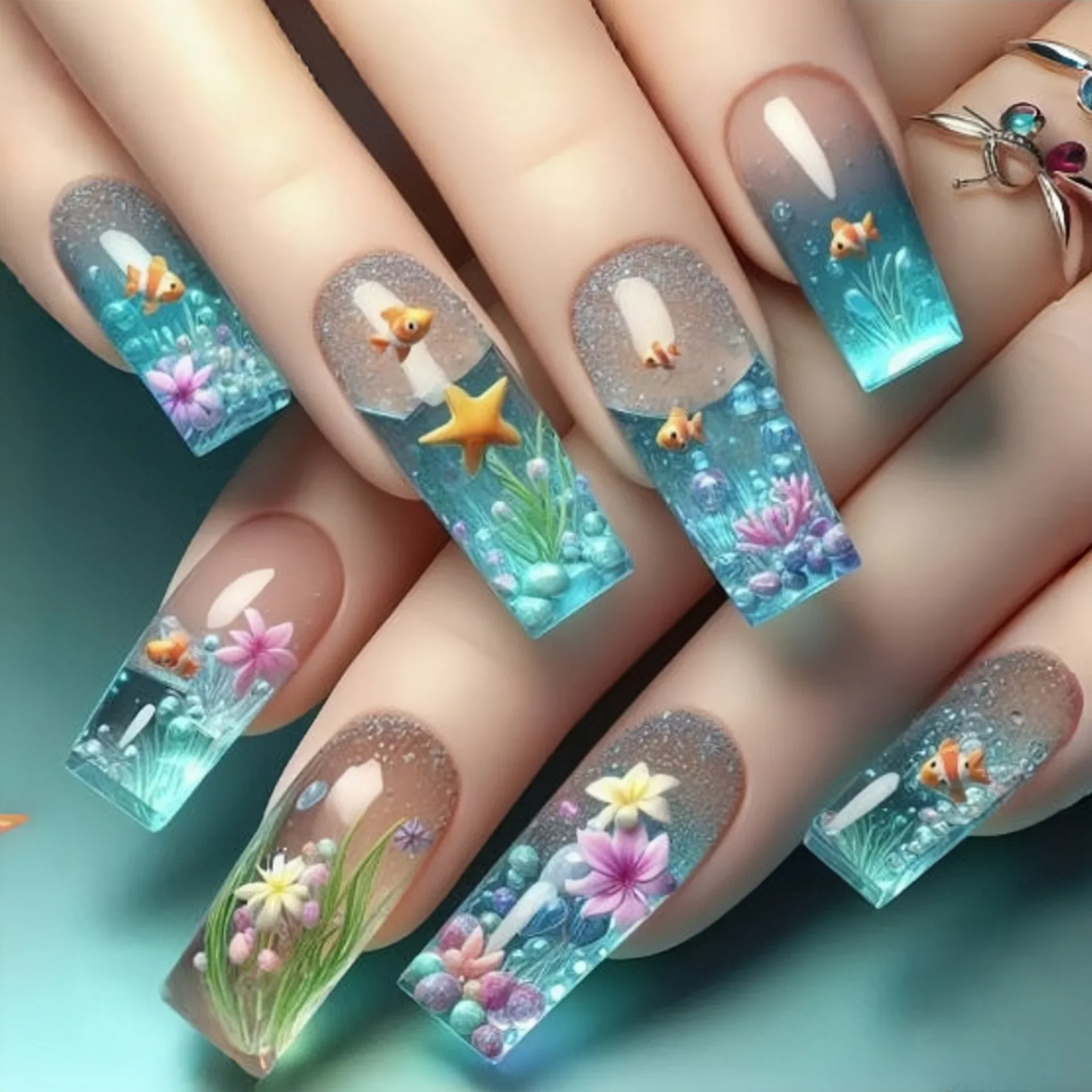 24pcs/set Medium long fake nails Gradient blue ocean fish sun flowers butterfly square ballet summer tips press on false nailA
24pcs/set Medium long fake nails Gradient blue ocean fish sun flowers butterfly square ballet summer tips press on false nailA