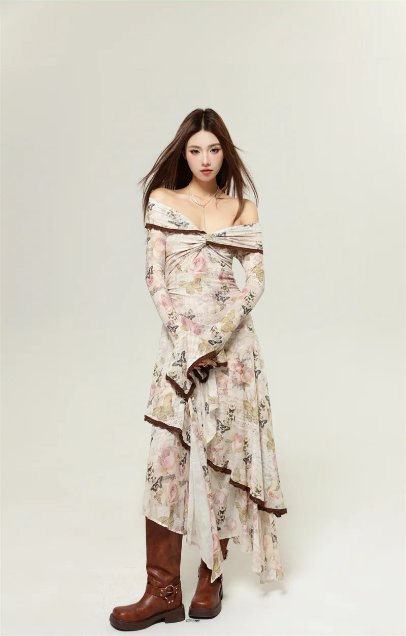Women's French elegant rose butterfly print one shoulder irregular hem design, sexy spicy girl dress long skirt 2026
Women's French elegant rose butterfly print one shoulder irregular hem design, sexy spicy girl dress long skirt 2026
