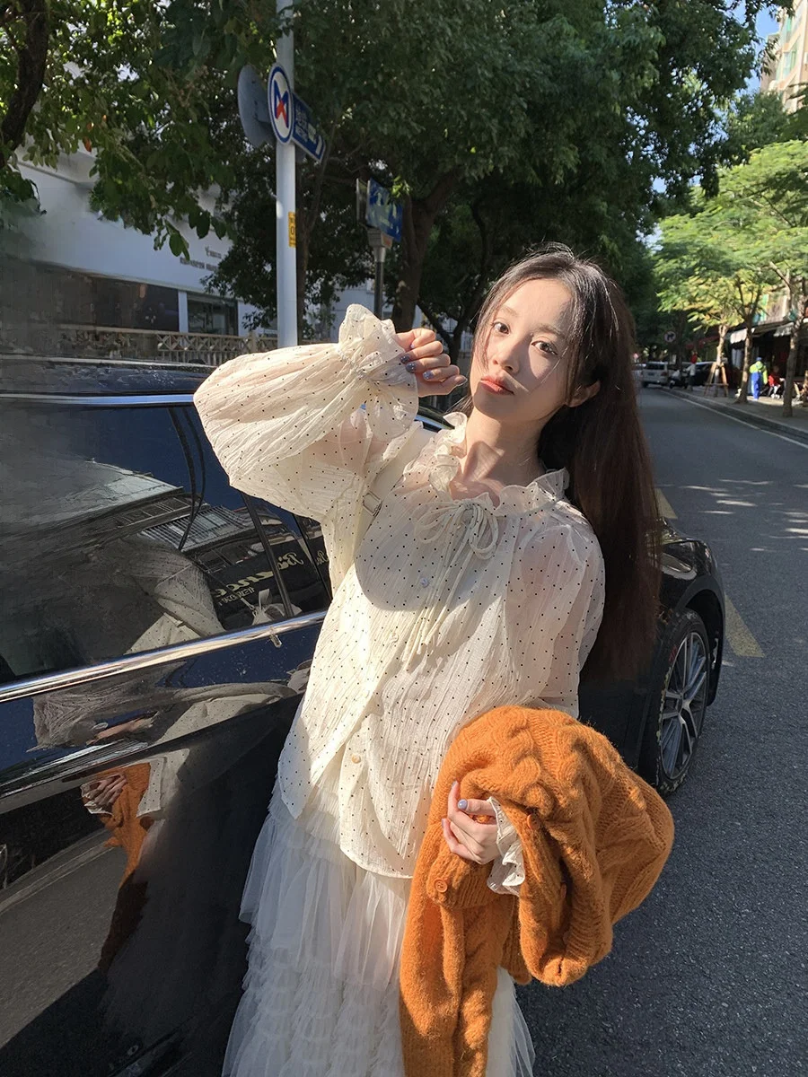 Sinbounboun Sweet Style Polka Dot Micro Transparent Shirt Women's Lace Base Top Thin Chiffon Belted Long Sleeve Princess Fit
Sinbounboun Sweet Style Polka Dot Micro Transparent Shirt Women's Lace Base Top Thin Chiffon Belted Long Sleeve Princess Fit