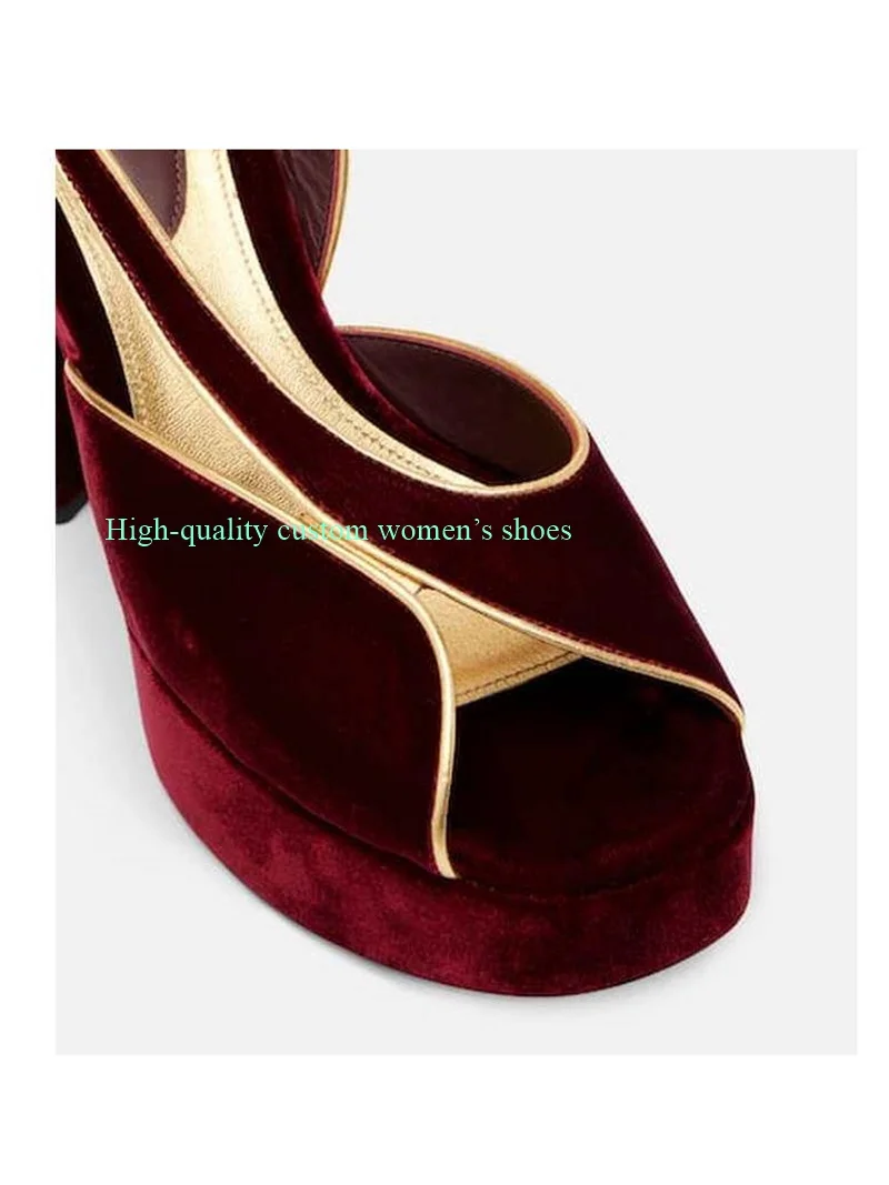 Claret Velvet Fabric Extremely High Platform Sole Sandals Round toe Webbed Toes Chunky Heels Ankle Buckle Banquet Luxury Sandals
Claret Velvet Fabric Extremely High Platform Sole Sandals Round toe Webbed Toes Chunky Heels Ankle Buckle Banquet Luxury Sandals