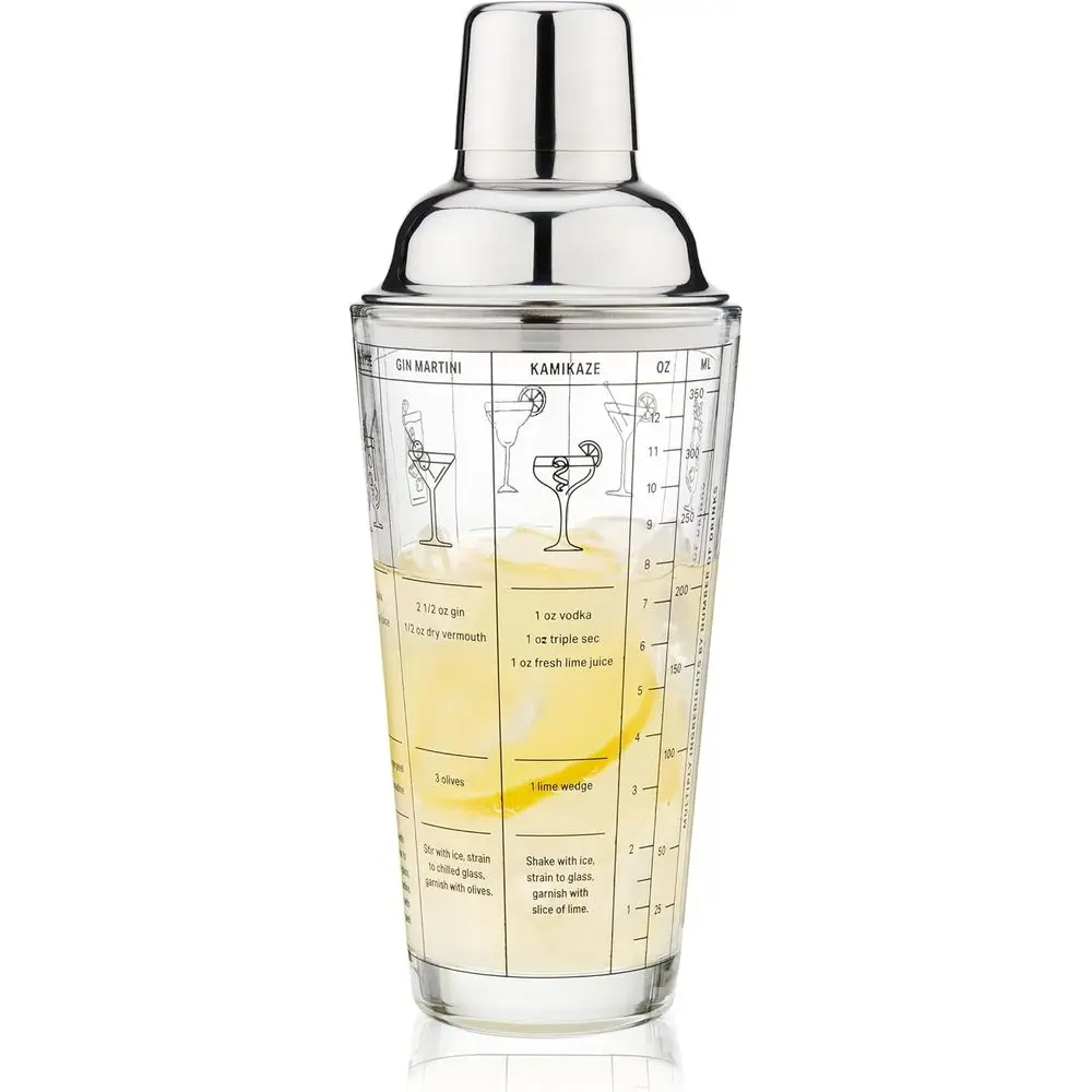 13.5 oz Clear Glass Cocktail Shaker with 7 Classic Drink Recipes & Home Bar Essentials
13.5 oz Clear Glass Cocktail Shaker with 7 Classic Drink Recipes & Home Bar Essentials