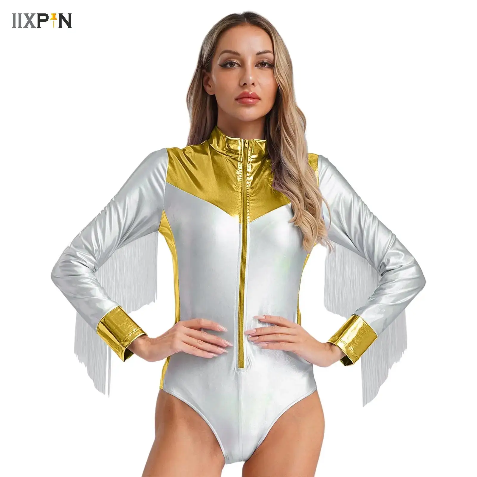 Halloween Space Man Bodysuit Women Metallic Long Sleeves Front Zip Tassel Leotard Alien Outerspace Halloween Cosplay Costume
Halloween Space Man Bodysuit Women Metallic Long Sleeves Front Zip Tassel Leotard Alien Outerspace Halloween Cosplay Costume