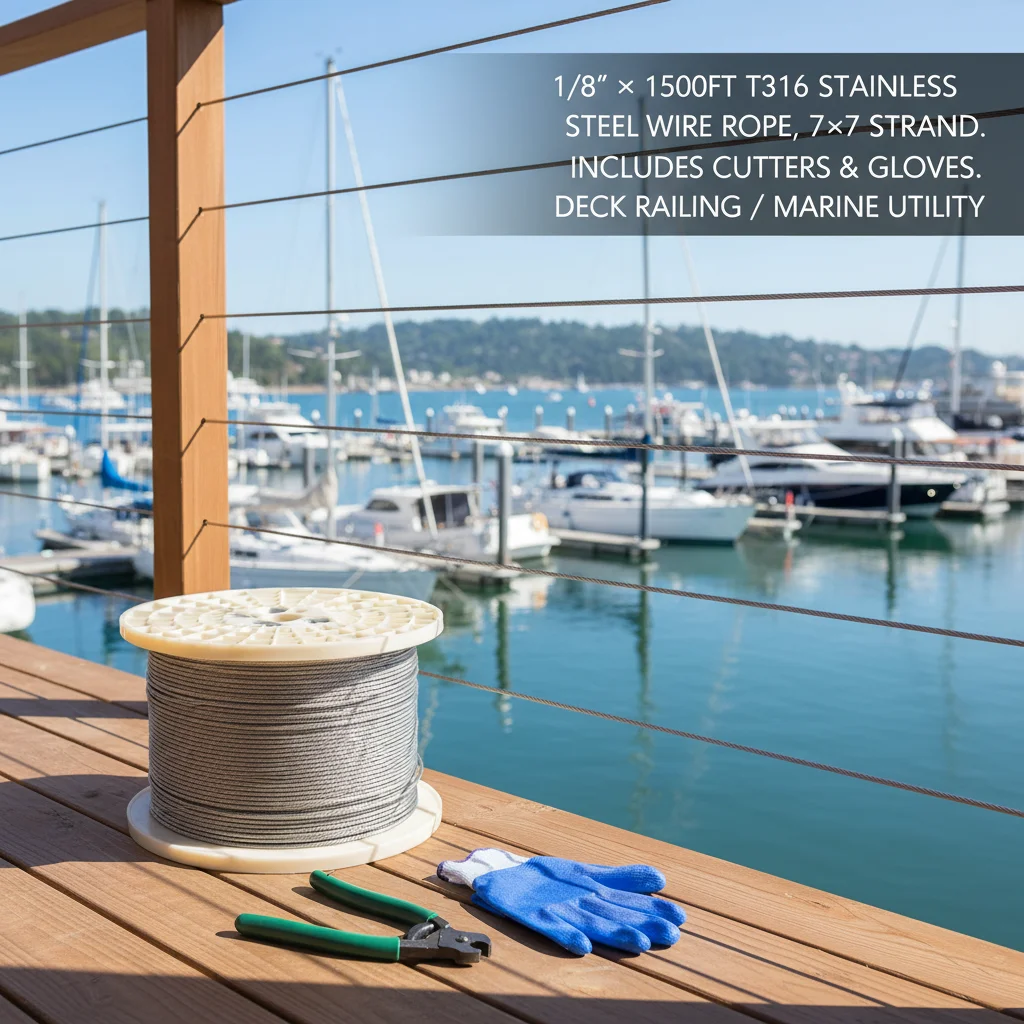 1/8" x 1500ft T316 Stainless Steel Wire Rope, 7x7 Strands Aircraft Cable for Deck Railing, Marine Grade with Cutter & Gloves
1/8" x 1500ft T316 Stainless Steel Wire Rope, 7x7 Strands Aircraft Cable for Deck Railing, Marine Grade with Cutter & Gloves