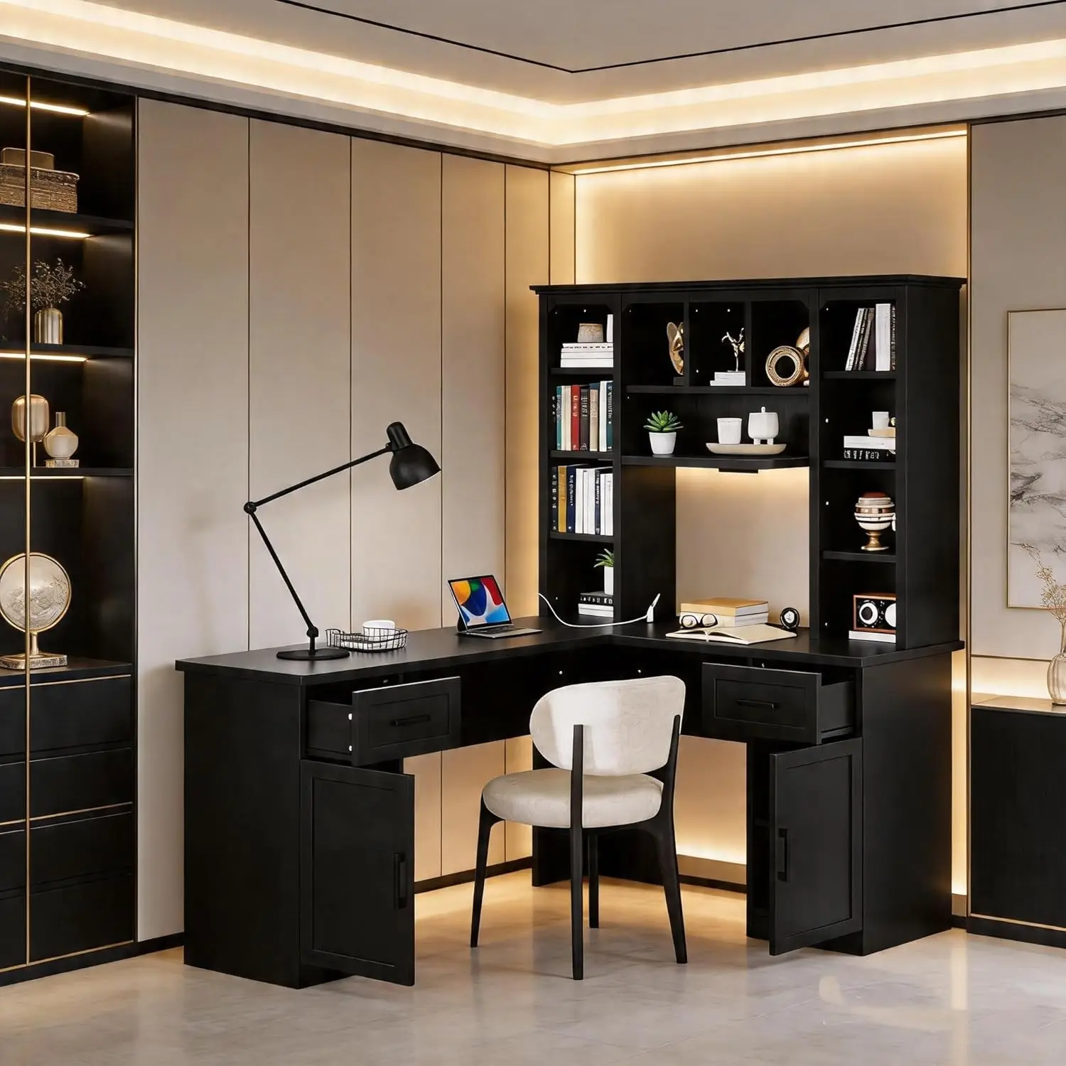 Black L-Shaped Computer Desk with Hutch, Home Office Desk with Shelves and File Cabinets,Wood Corner Computer Desk, Customized
Black L-Shaped Computer Desk with Hutch, Home Office Desk with Shelves and File Cabinets,Wood Corner Computer Desk, Customized