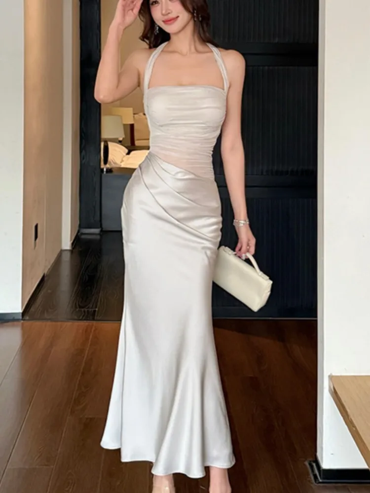 Women's Elegant Mesh Satin Fairy Dresses Korean Sleeveless Sexy Inclined Shoulder Party Dress Lady Evening Casual Neck-mounted
Women's Elegant Mesh Satin Fairy Dresses Korean Sleeveless Sexy Inclined Shoulder Party Dress Lady Evening Casual Neck-mounted
