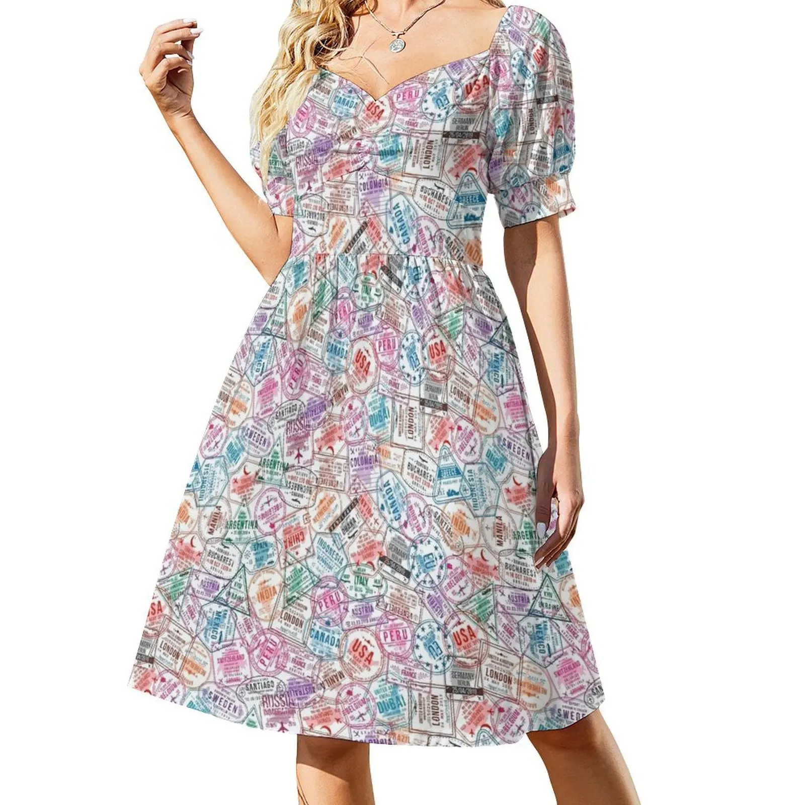 Travel Stamp Design Short-Sleeved Dress Women's evening dress Women's summer long dress 
Travel Stamp Design Short-Sleeved Dress Women's evening dress Women's summer long dress
