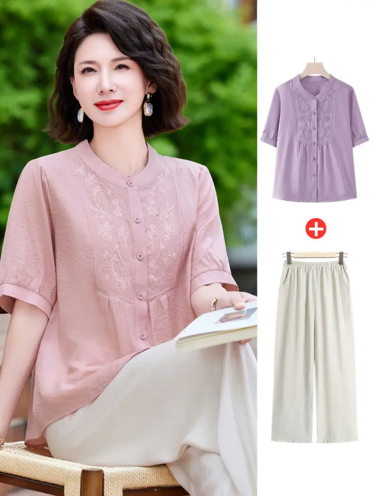 New 2026 Cotton Short Sleeve Shirt Set for Middle-Aged And Elderly Women Summer Thin Outerwear High Waist Pants Ethnic Style
New 2026 Cotton Short Sleeve Shirt Set for Middle-Aged And Elderly Women Summer Thin Outerwear High Waist Pants Ethnic Style