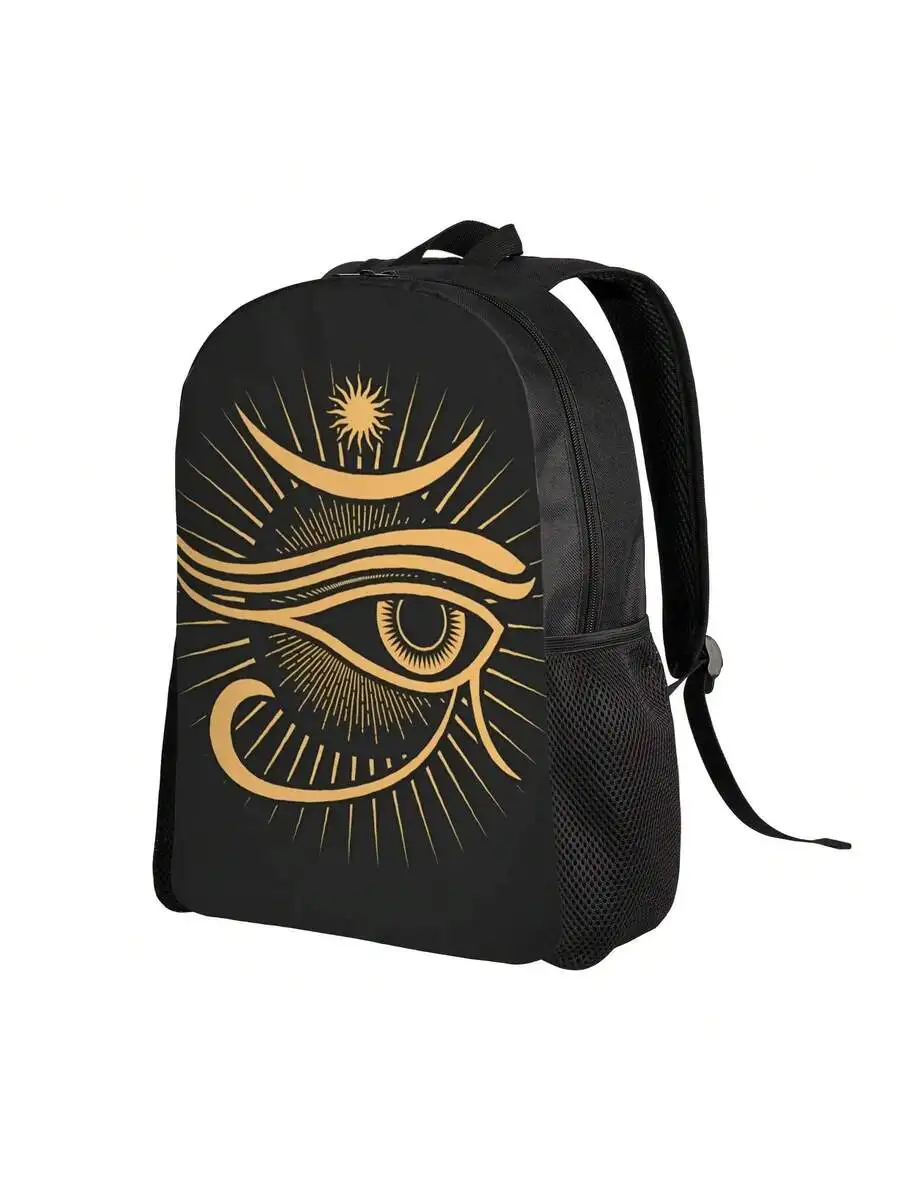 Mens Black Backpack With Golden Eye Of Horus Design, Spacious For College Office Travel
Mens Black Backpack With Golden Eye Of Horus Design, Spacious For College Office Travel