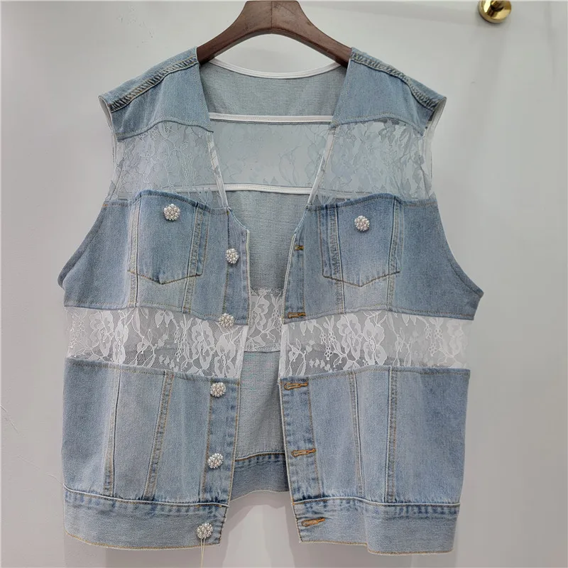 Spring Summer Fashion Lace Patchwork Light Blue Denim Vest Women V-Neck Single-Breasted Sleeveless Cowboy Waistcoat
Spring Summer Fashion Lace Patchwork Light Blue Denim Vest Women V-Neck Single-Breasted Sleeveless Cowboy Waistcoat