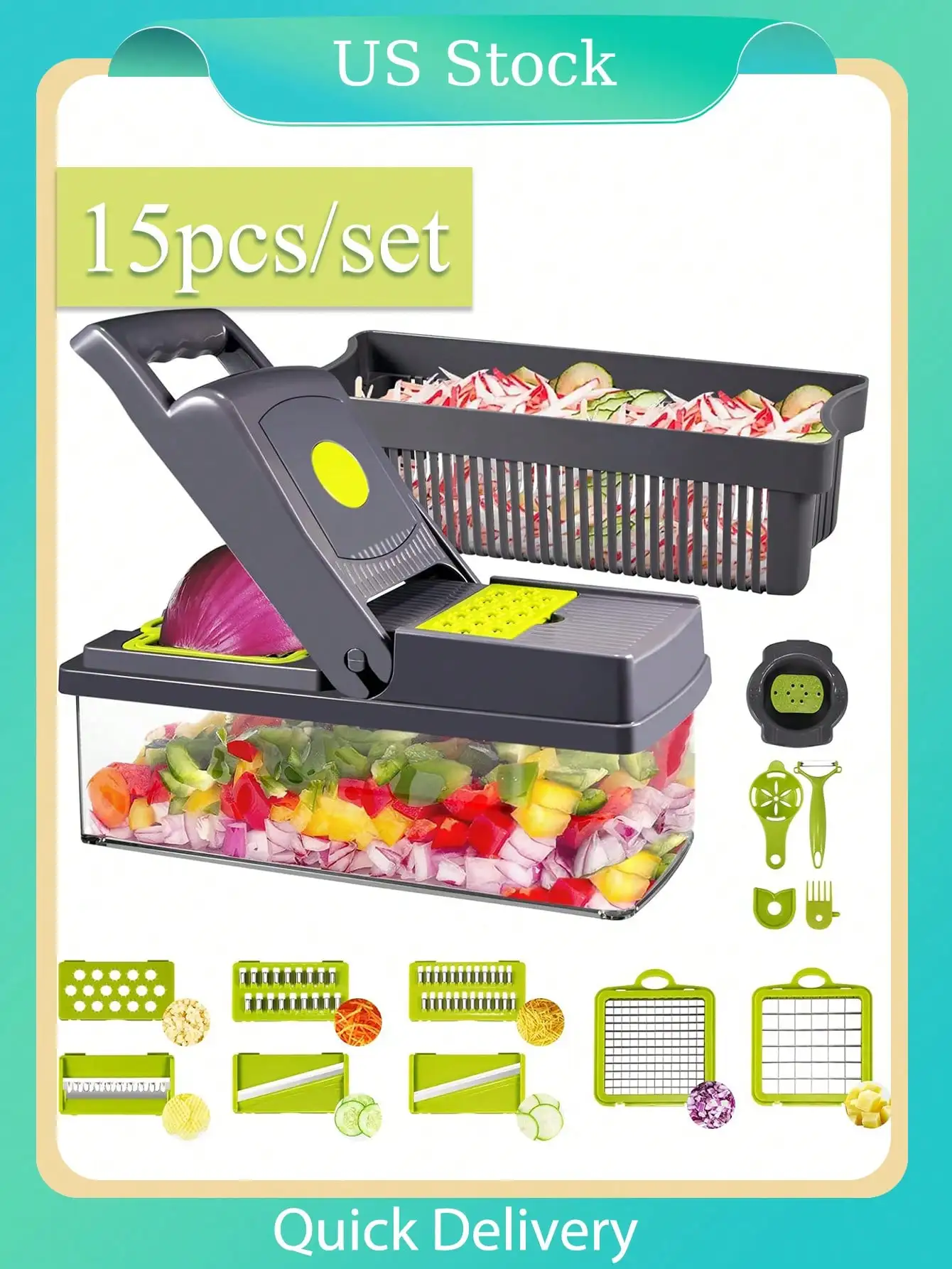 Многофункциональный набор измельчителей овощей, 15 шт., с контейнером и защитой рук, кухонный гаджет для фруктов и овощей
Многофункциональный набор измельчителей овощей, 15 шт., с контейнером и защитой рук, кухонный гаджет для фруктов и овощей