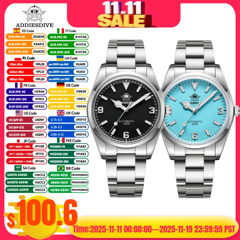 ADDIESDIVE AD2112 Men's Luxury Watch Sapphire Glass 10Bar Waterproof BGW9 Super Luminous Automatic Mechanical Watches
ADDIESDIVE AD2112 Men's Luxury Watch Sapphire Glass 10Bar Waterproof BGW9 Super Luminous Automatic Mechanical Watches