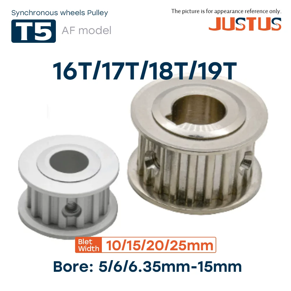 T5 AF Shape Synchronous Wheels 16T/17T/18T/19 Teeth Bore 5/6/6.35-15mm Pitch 5mm Rubber Belt Drive for T5 Width 10/15/20/25mm
T5 AF Shape Synchronous Wheels 16T/17T/18T/19 Teeth Bore 5/6/6.35-15mm Pitch 5mm Rubber Belt Drive for T5 Width 10/15/20/25mm