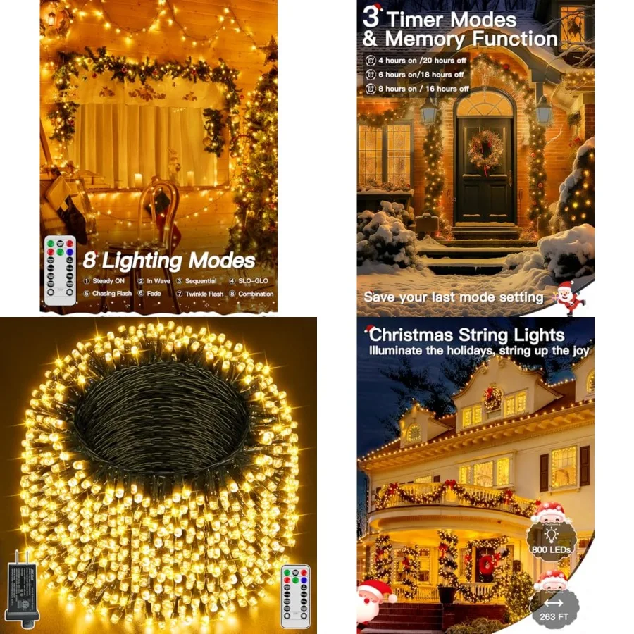 Christmas Lights 263Feet, Christmas Tree Light with 8 Lighting Modes, Outdoor Waterproof String Lights with Remote and Timer, X