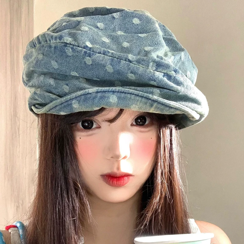 Korean Fashion Polka Dots Design Wash Denim Pleated Newsboy Hats for Women Spring Summer Travel Versatile Retro Literary Berets
Korean Fashion Polka Dots Design Wash Denim Pleated Newsboy Hats for Women Spring Summer Travel Versatile Retro Literary Berets