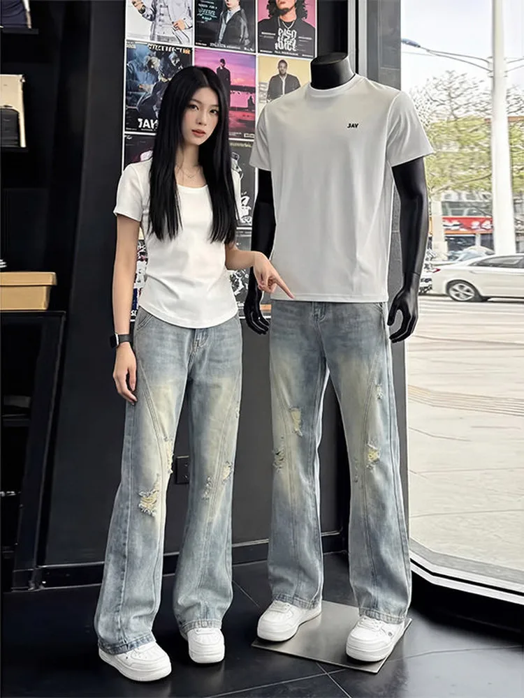 Retro Blue Slant Cut Hole Denim Jeans Men's Summer Design High Street Vibe Slim Straight Micro Flared Pants Youth Wear
Retro Blue Slant Cut Hole Denim Jeans Men's Summer Design High Street Vibe Slim Straight Micro Flared Pants Youth Wear