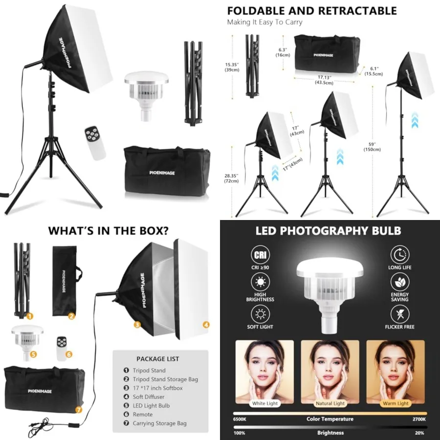 Softbox Lighting Kit, Soft Box Photography Lighting Set with 17in x 17in Softbox, Folding Lighting Tripod, 85W 2700K-6500K LED
Softbox Lighting Kit, Soft Box Photography Lighting Set with 17in x 17in Softbox, Folding Lighting Tripod, 85W 2700K-6500K LED