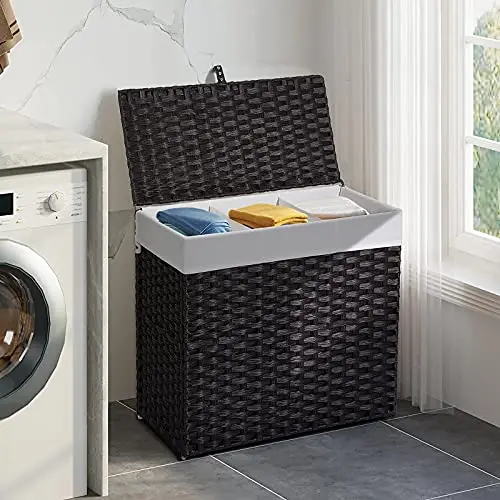 Black 125L Woven Synthetic Rattan Laundry Hamper With Lid, Triple-Separated Compartments, Two Detachable Liners And Five Mesh
Black 125L Woven Synthetic Rattan Laundry Hamper With Lid, Triple-Separated Compartments, Two Detachable Liners And Five Mesh