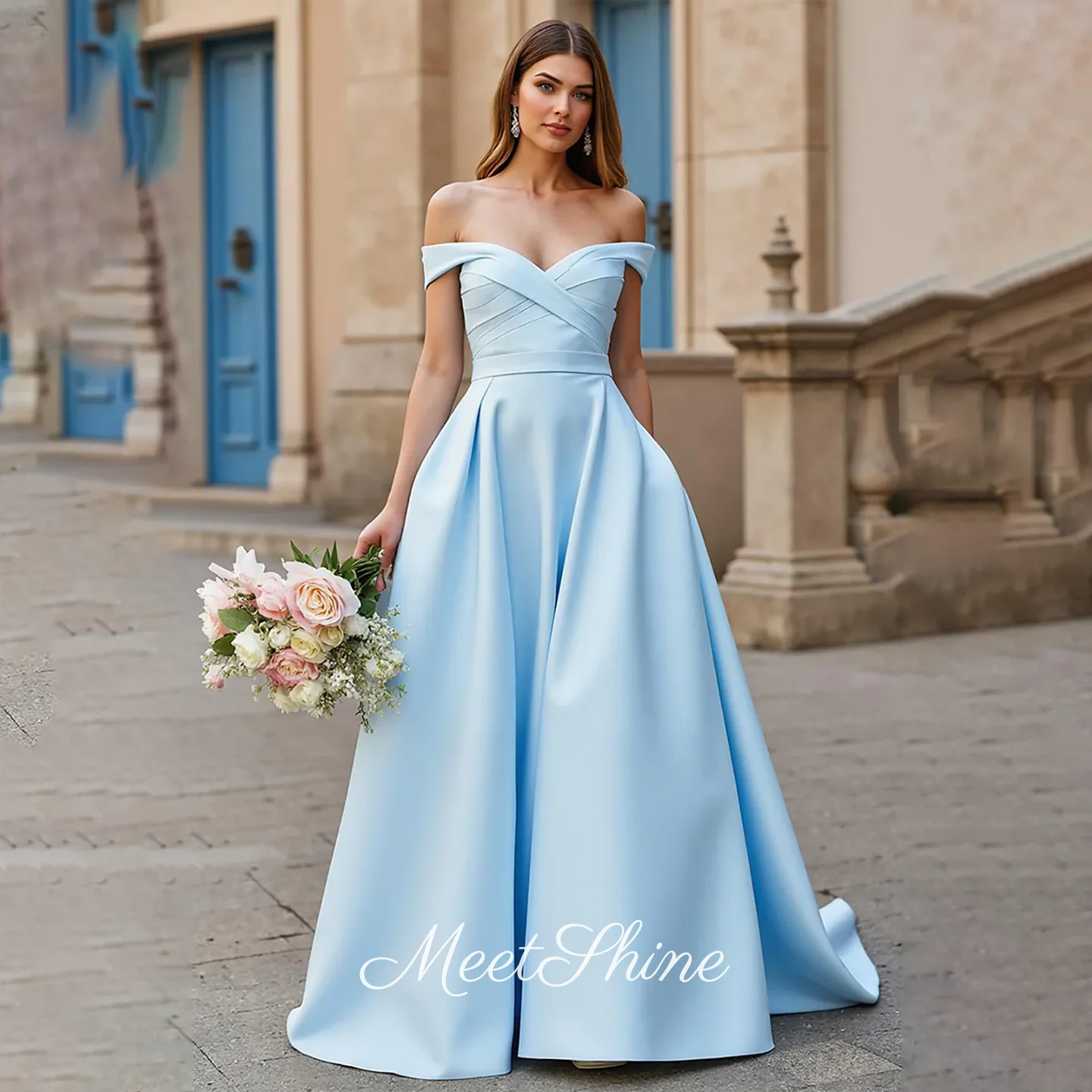 Небесно-голубое вечернее платье трапециевидной формы с открытыми плечами, сексуальное атласное платье с открытой спиной и скользящим шлейфом, торжественное свадебное платье для выпускного вечера по индивидуальному заказу 
Небесно-голубое вечернее платье трапециевидной формы с открытыми плечами, сексуальное атласное платье с открытой спиной и скользящим шлейфом, торжественное свадебное платье для выпускного вечера по индивидуальному заказу