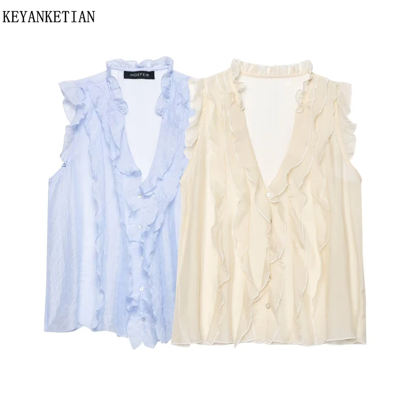 KEYANKETIAN 2025 Summer New Women's Tiered Ruffles Decoration Sleeveless Shirt V-Neck Single Breasted Sweet Solid color Blouses
KEYANKETIAN 2025 Summer New Women's Tiered Ruffles Decoration Sleeveless Shirt V-Neck Single Breasted Sweet Solid color Blouses