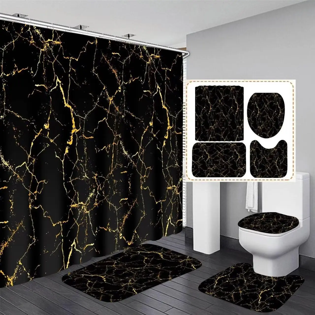 4PC Black & Gold Marble Shower Curtain Set - Luxury Bathroom Decor with 12 Hooks, Non-Slip Rugs & Complete Accessories
4PC Black & Gold Marble Shower Curtain Set - Luxury Bathroom Decor with 12 Hooks, Non-Slip Rugs & Complete Accessories