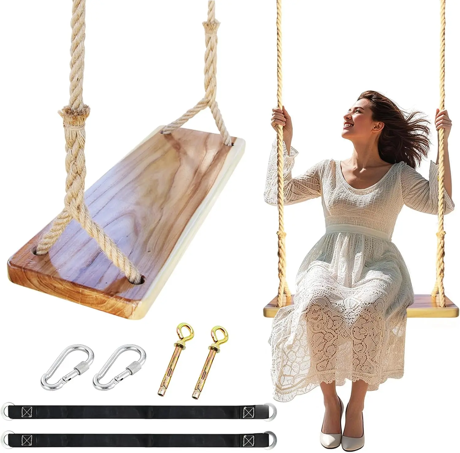 Wooden Swing for Adults & Kids, Adjustable Hemp Rope, 500LBS Capacity, Indoor/Outdoor Use
Wooden Swing for Adults & Kids, Adjustable Hemp Rope, 500LBS Capacity, Indoor/Outdoor Use