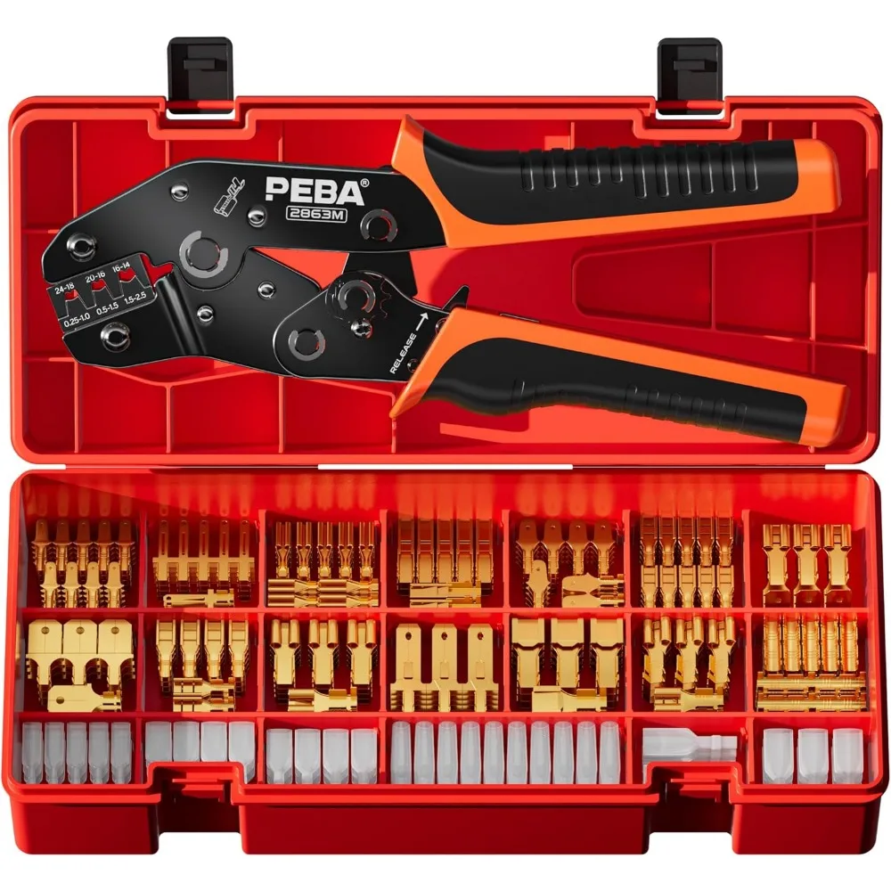 PEBA Набор инструментов для обжима лопаточных разъемов, 14-типный комплект лопаточных разъемов «папа» и «мама», щипцы с храповым механизмом AWG 24-14, для быстрого диска
PEBA Набор инструментов для обжима лопаточных разъемов, 14-типный комплект лопаточных разъемов «папа» и «мама», щипцы с храповым механизмом AWG 24-14, для быстрого диска