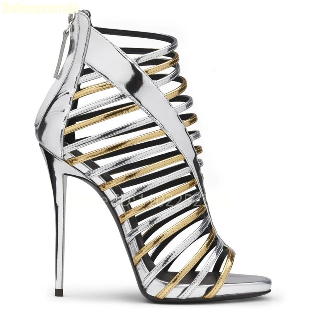 Gold/silver Hollow Thin Strap Gladiator Sandals Open Toe Stiletto Heel Fashion High Heel Sandals Back Zipper Patent Leather Shoe
Gold/silver Hollow Thin Strap Gladiator Sandals Open Toe Stiletto Heel Fashion High Heel Sandals Back Zipper Patent Leather Shoe