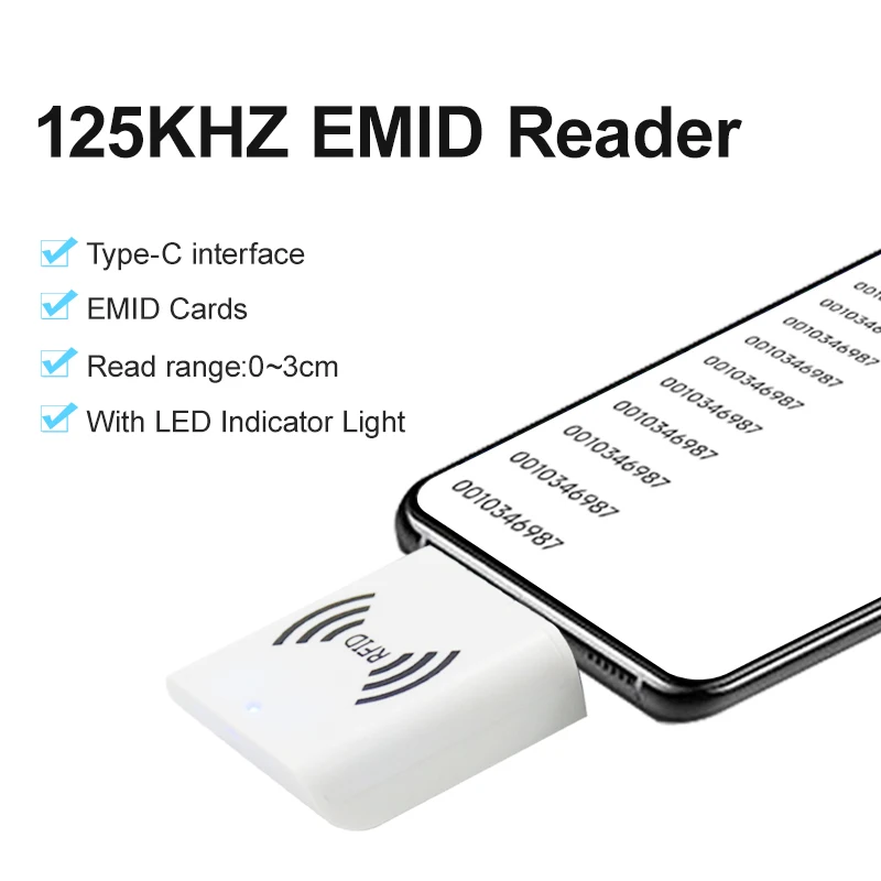 125Khz Reader TK4100 Keyfob EMID Low Frequency Small Size Portable RFID OTG Type-c Interface ID Card Reader for Android Phone
125Khz Reader TK4100 Keyfob EMID Low Frequency Small Size Portable RFID OTG Type-c Interface ID Card Reader for Android Phone