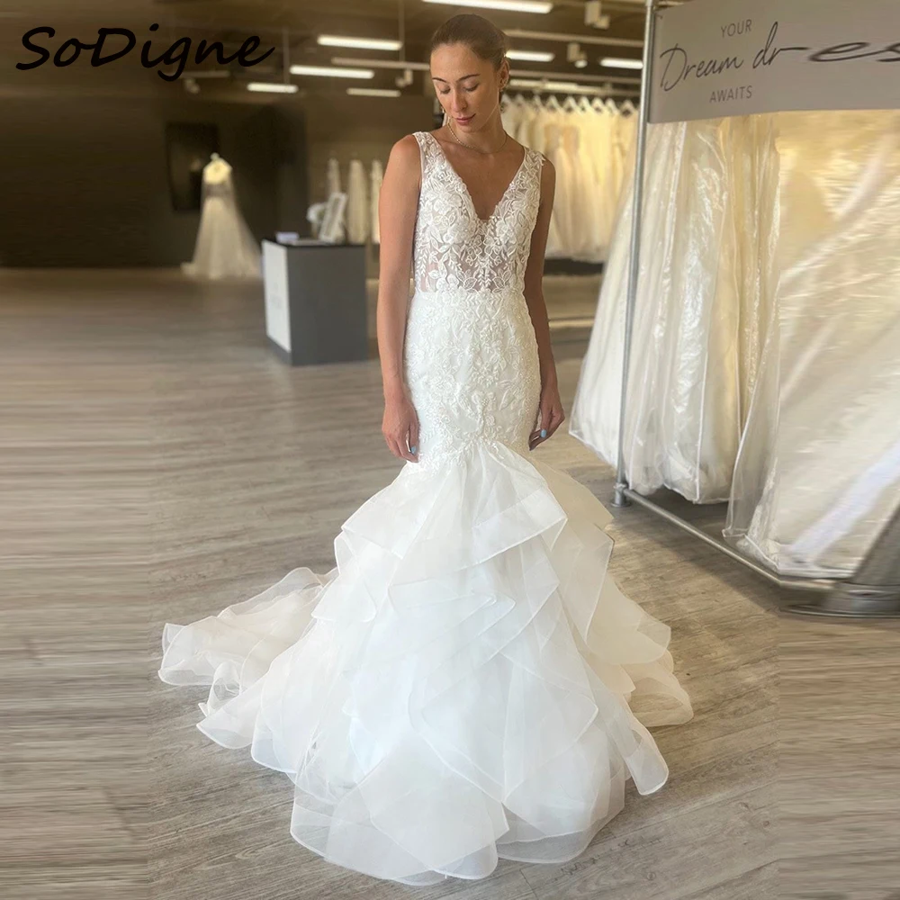 SoDigne Mermaid Tulle Wedding Dresses V-neck Sleeveless Appliques Ruffles Bridal Dress Long Bridal Gown 2025 Customized
SoDigne Mermaid Tulle Wedding Dresses V-neck Sleeveless Appliques Ruffles Bridal Dress Long Bridal Gown 2025 Customized