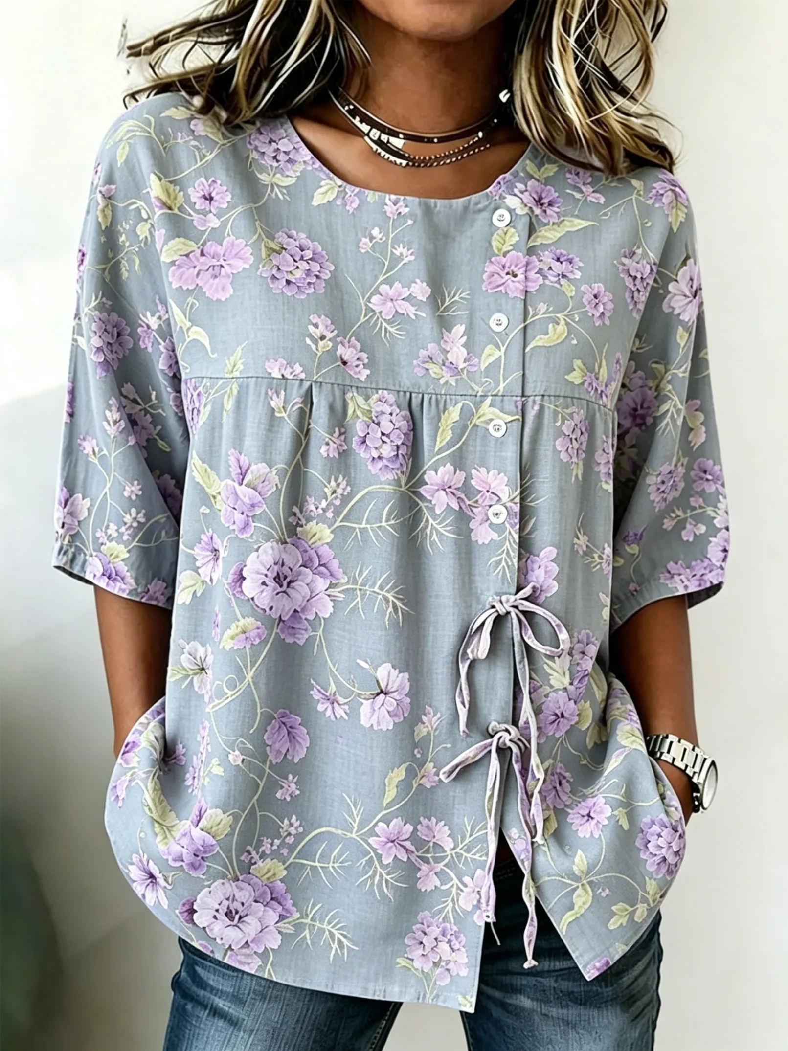 Women's Dusty Blue Lilac Floral Print Button & Tie Front Blouse, Casual Stylish Top for Spring Summer Daily & Versatile Wear
Women's Dusty Blue Lilac Floral Print Button & Tie Front Blouse, Casual Stylish Top for Spring Summer Daily & Versatile Wear