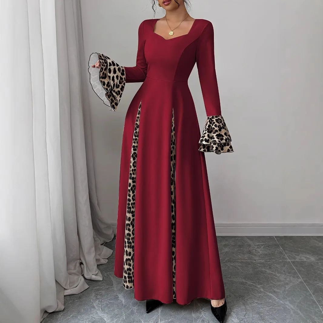 European and American Women's New Style Flared Sleeve Leopard Print Color-block Long-sleeve Maxi Dress, Elegant Fitted Style
European and American Women's New Style Flared Sleeve Leopard Print Color-block Long-sleeve Maxi Dress, Elegant Fitted Style