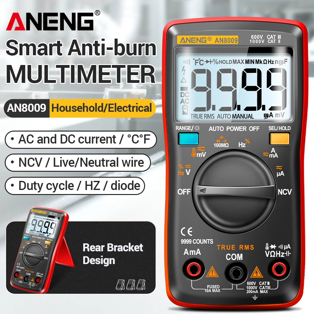 Digital Multimeter True-RMS 9999 Counts AC/DC Voltage Current ANENG AN8009 Multimeter Capacitance Resistance Ohm Meter Test Tool
Digital Multimeter True-RMS 9999 Counts AC/DC Voltage Current ANENG AN8009 Multimeter Capacitance Resistance Ohm Meter Test Tool