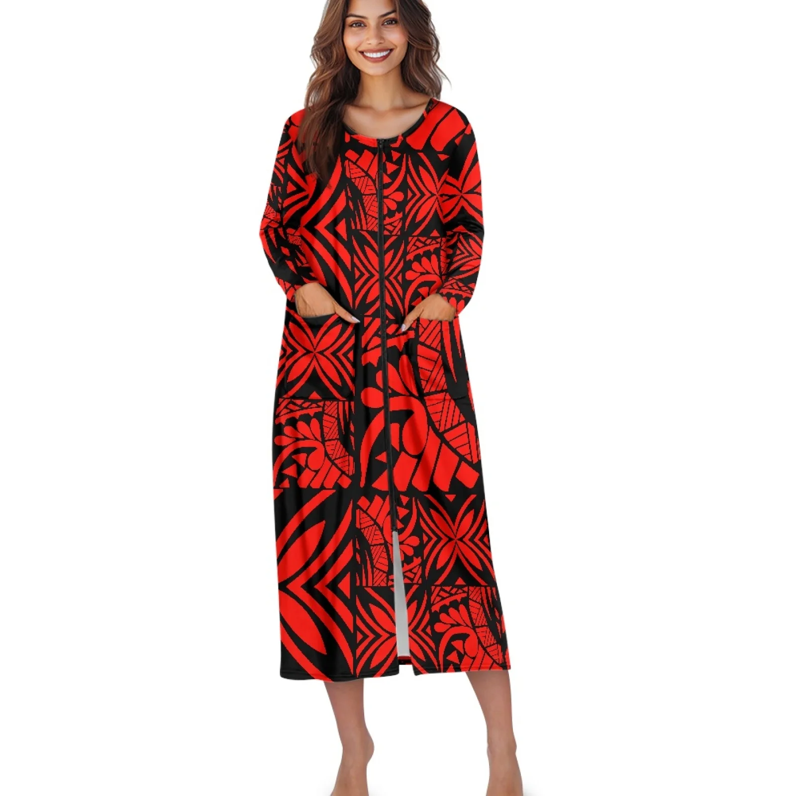 Polynesian Tribal Tongan Totem Tattoo Printing Zipper Robes Women House Coat Long Sleeve Loungewear Long Nightgown with Pocket
Polynesian Tribal Tongan Totem Tattoo Printing Zipper Robes Women House Coat Long Sleeve Loungewear Long Nightgown with Pocket