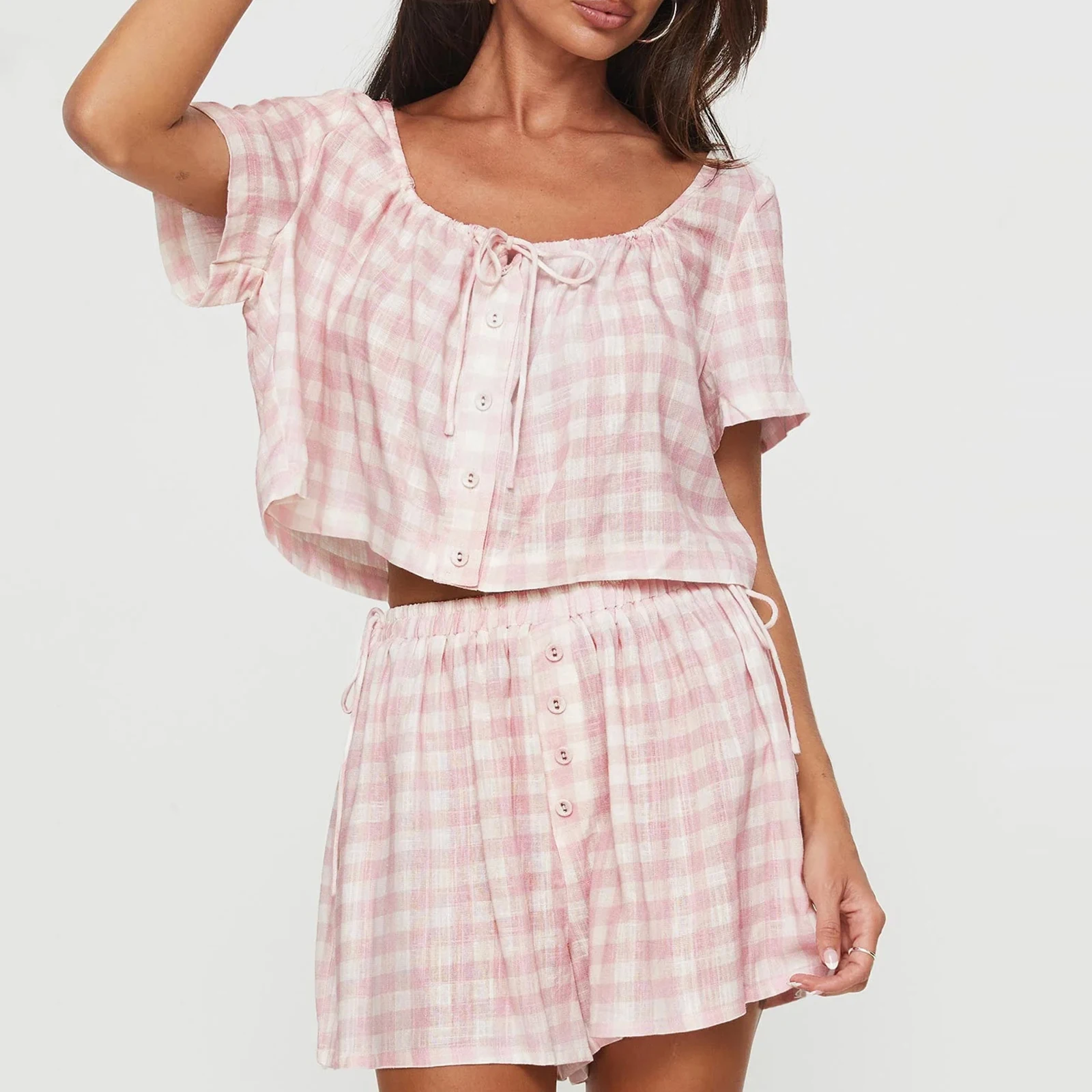 Women's Y2k Plaid Sets Buttons Tie-Up Short Sleeve T-Shirt Crop Top Shorts Pj Set 2 Piece Lounge Set Pajama Sets
Women's Y2k Plaid Sets Buttons Tie-Up Short Sleeve T-Shirt Crop Top Shorts Pj Set 2 Piece Lounge Set Pajama Sets