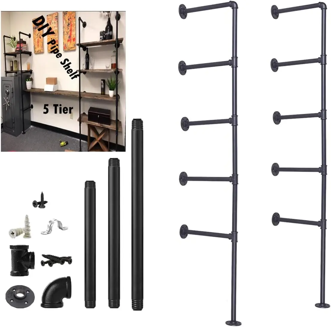 5-Tier Industrial Wall Mount Iron Pipe Shelf Bracket Set for DIY Storage, Vintage Style, Hardware Only (2Pcs)
5-Tier Industrial Wall Mount Iron Pipe Shelf Bracket Set for DIY Storage, Vintage Style, Hardware Only (2Pcs)