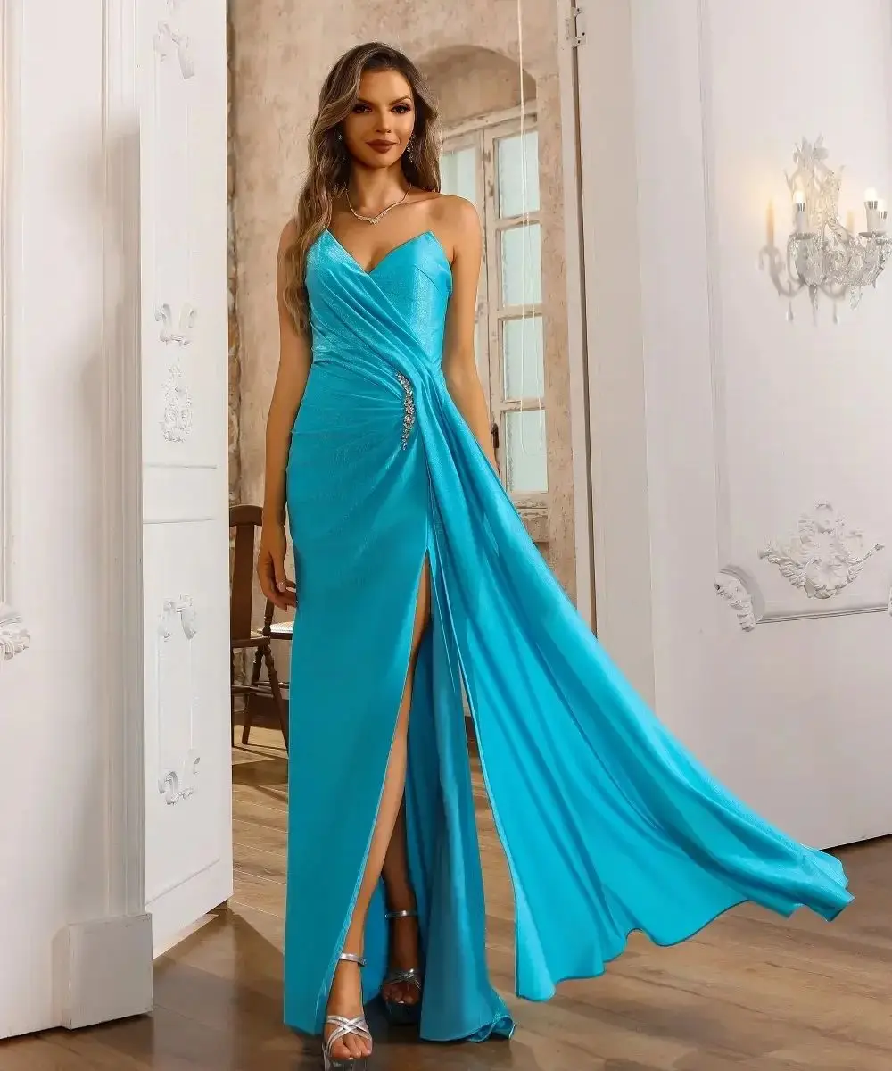 Simple Satin Evening Dresses V Neck Sleeveless Beads Prom Gowns Vintage Floor Length Side Split Customized Wedding Guest Gowns
Simple Satin Evening Dresses V Neck Sleeveless Beads Prom Gowns Vintage Floor Length Side Split Customized Wedding Guest Gowns