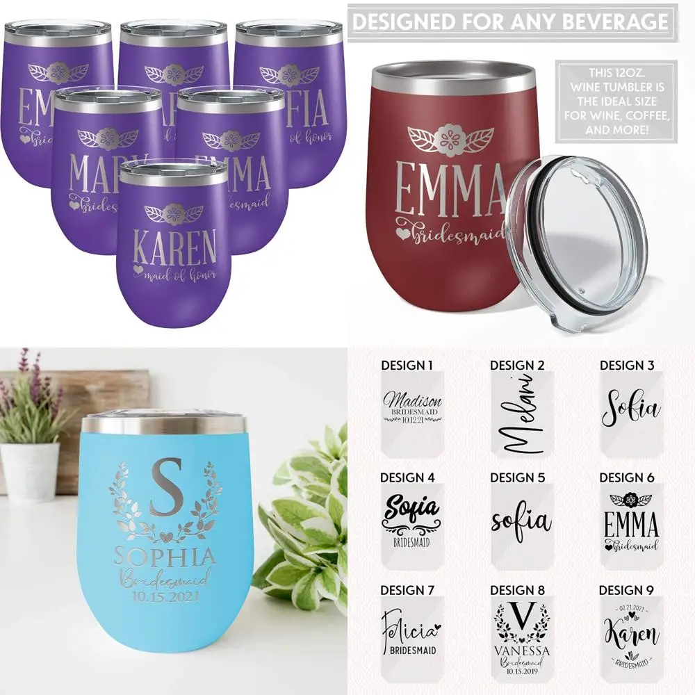 Персонализированный набор из 6 фиолетовых бокалов для вина без ножек на 12 унций для подружек невесты — подарок на свадьбу, настраиваемые стаканы с крышками
Персонализированный набор из 6 фиолетовых бокалов для вина без ножек на 12 унций для подружек невесты — подарок на свадьбу, настраиваемые стаканы с крышками