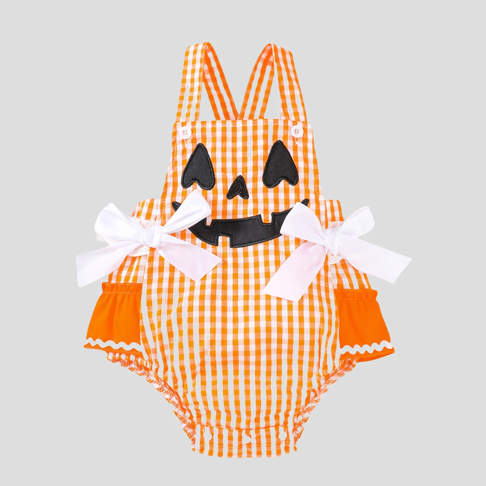2025 Summer Halloween 0-18M Baby Girl Gingham Romper Pumpkin Face Suspender Onesie with Bow Ruffle
2025 Summer Halloween 0-18M Baby Girl Gingham Romper Pumpkin Face Suspender Onesie with Bow Ruffle