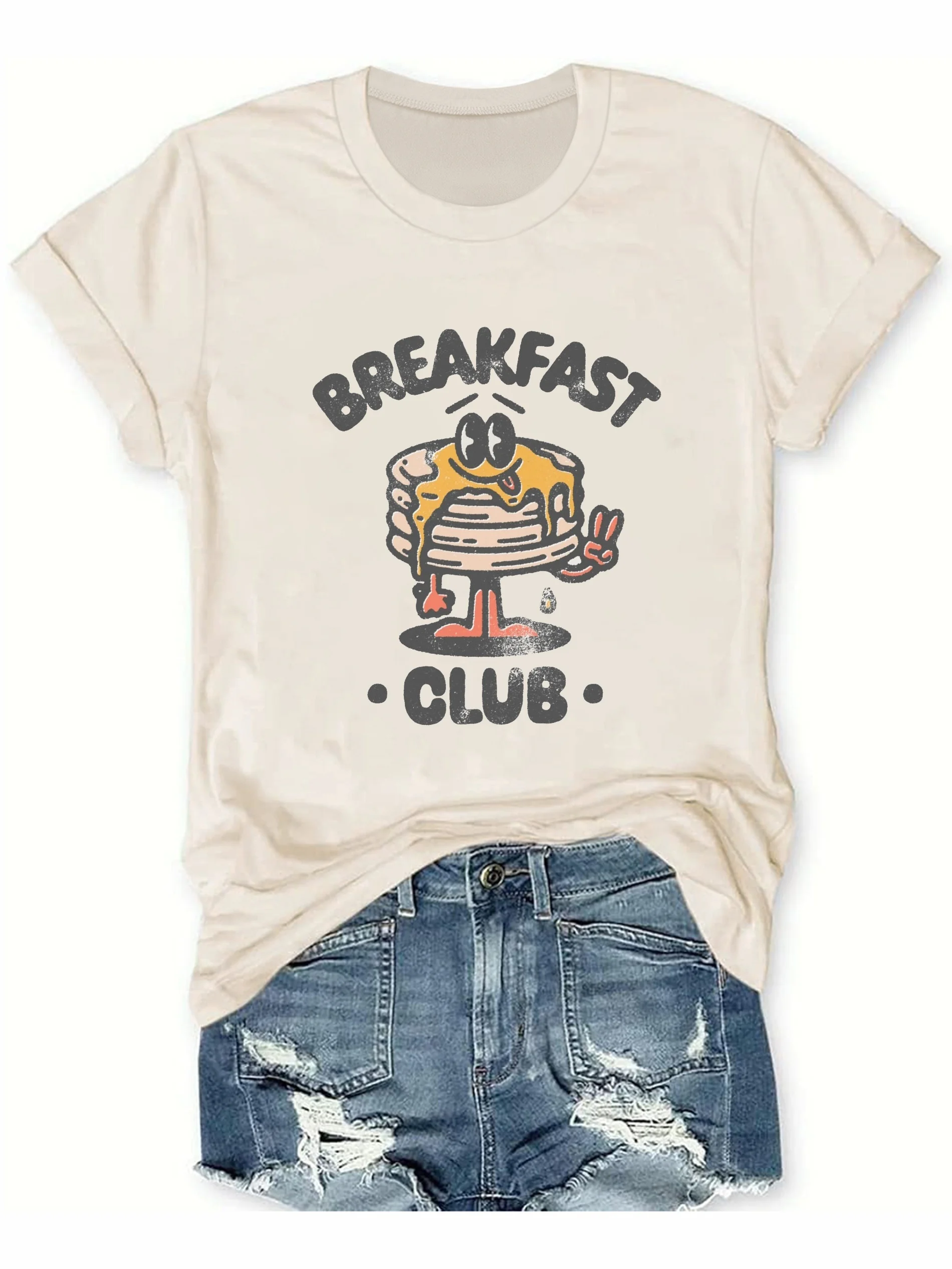 Breakfast Club Print T-shirt, Casual Short Sleeve Crew Neck Top For Spring & Summer, Women's Clothing New Fashion Top Tees
Breakfast Club Print T-shirt, Casual Short Sleeve Crew Neck Top For Spring & Summer, Women's Clothing New Fashion Top Tees