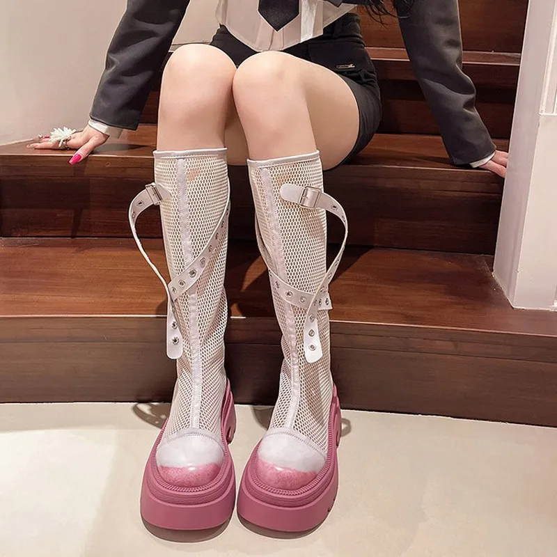 Rivet Belt Bluckle Mesh Sandals Boots Women Summer Breathable Hollow Thick Bottom High Boots Woman Knight Boots Mid-calf Boots
Rivet Belt Bluckle Mesh Sandals Boots Women Summer Breathable Hollow Thick Bottom High Boots Woman Knight Boots Mid-calf Boots
