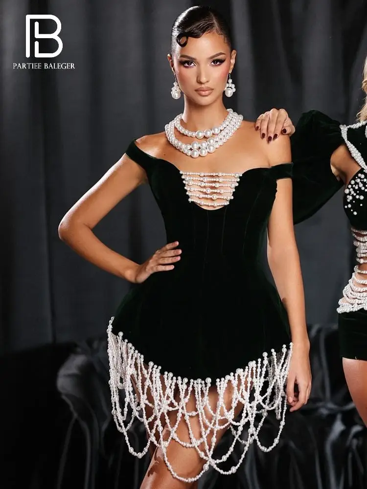 PB Black Off -Shoulder Bodycon Bandage Mini Dress with Pearl Embellishments - Luxury Summer Evening Gown
PB Black Off -Shoulder Bodycon Bandage Mini Dress with Pearl Embellishments - Luxury Summer Evening Gown
