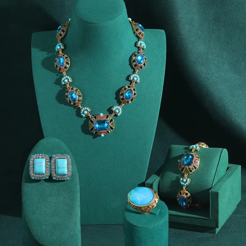 Women Vintage Blue Turquoise Jewelry Set Square Crystal Choker Necklace Natural Stone Bracelet Gold Color New Anniversary 4 pcs
Women Vintage Blue Turquoise Jewelry Set Square Crystal Choker Necklace Natural Stone Bracelet Gold Color New Anniversary 4 pcs