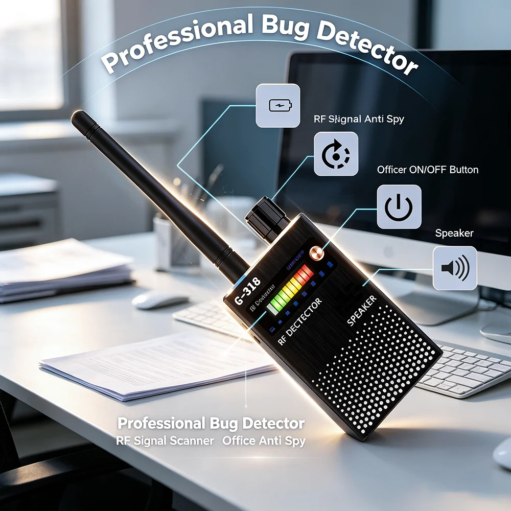 Portable Professional G318 Anti Spy Wireless RF Detector, Hidden Camera Finder, GPS Tracker, GSM Audio Bug Scanner
Portable Professional G318 Anti Spy Wireless RF Detector, Hidden Camera Finder, GPS Tracker, GSM Audio Bug Scanner